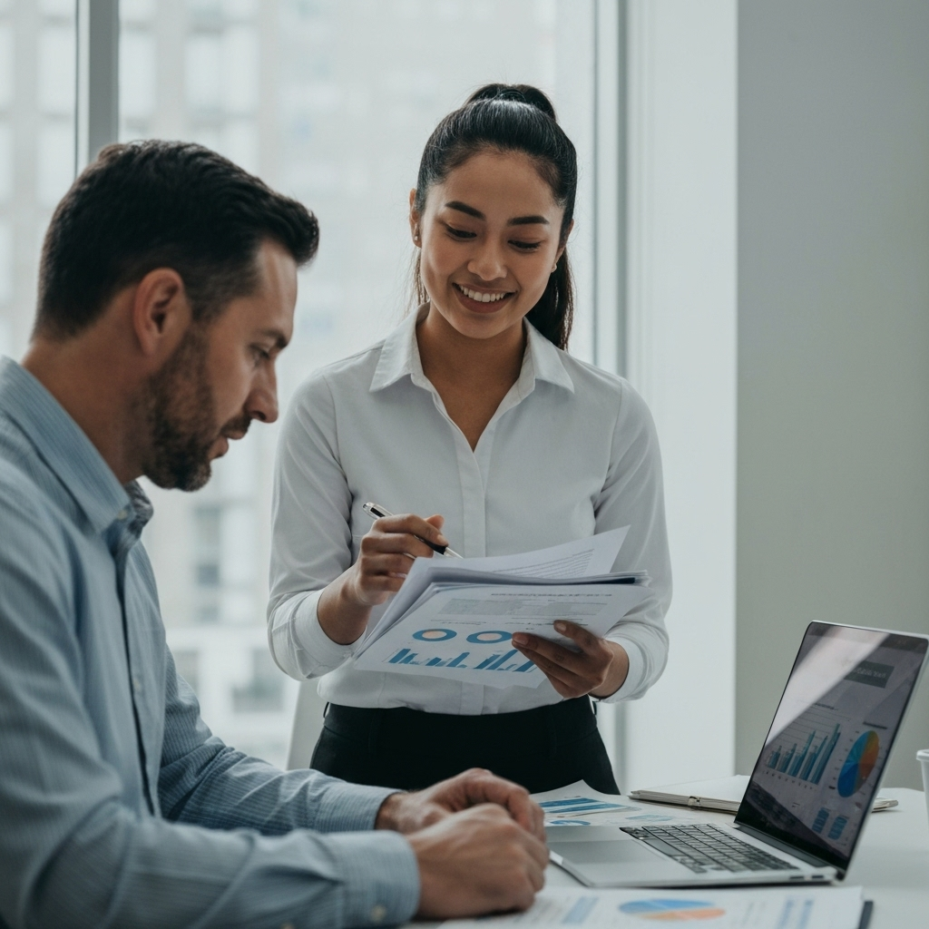 Financial consultation session with certified advisor reviewing investment strategies