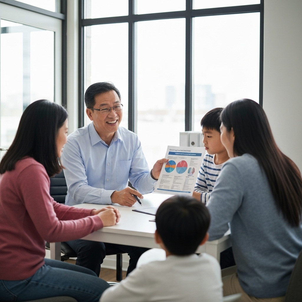 Insurance consultation with certified agent explaining coverage options to clients