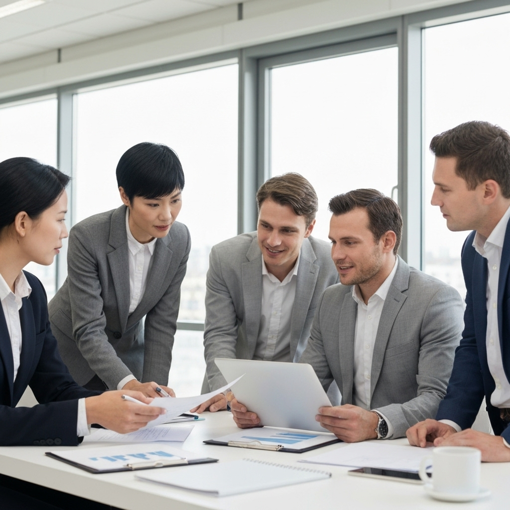 Professional team of certified experts at TrustPoint Advisors working together in a modern office environment